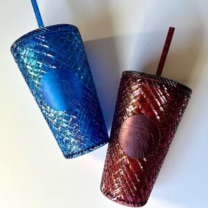 NWT Holiday Starbucks Jeweled Grande Tumbler Cups in Merlot Red & Royal Blue